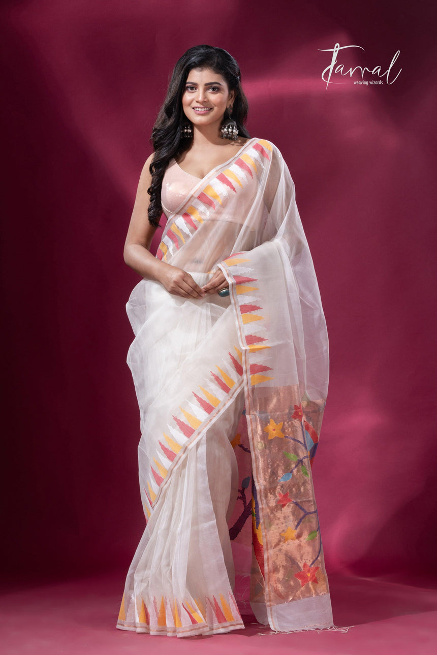 Off White with Multicolor parrot paithani temple border pure muslin silk handwoven jamdani saree - Tamal Boutique