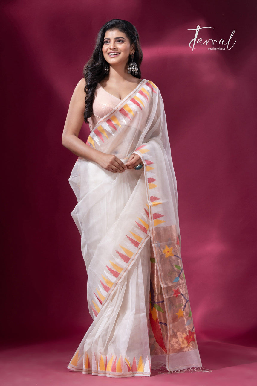 Off White with Multicolor parrot paithani temple border pure muslin silk handwoven jamdani saree - Tamal Boutique