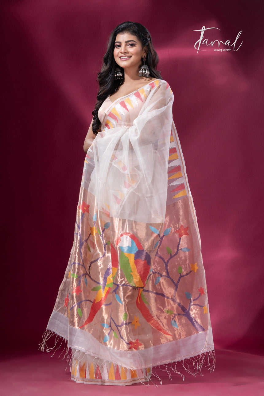 Off White with Multicolor parrot paithani temple border pure muslin silk handwoven jamdani saree - Tamal Boutique