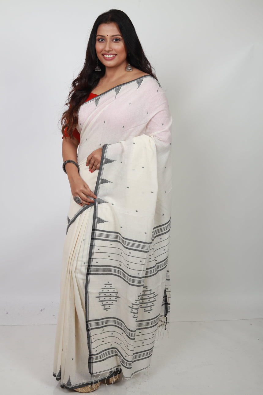 Off White with temple border cotton handwoven jamdani saree