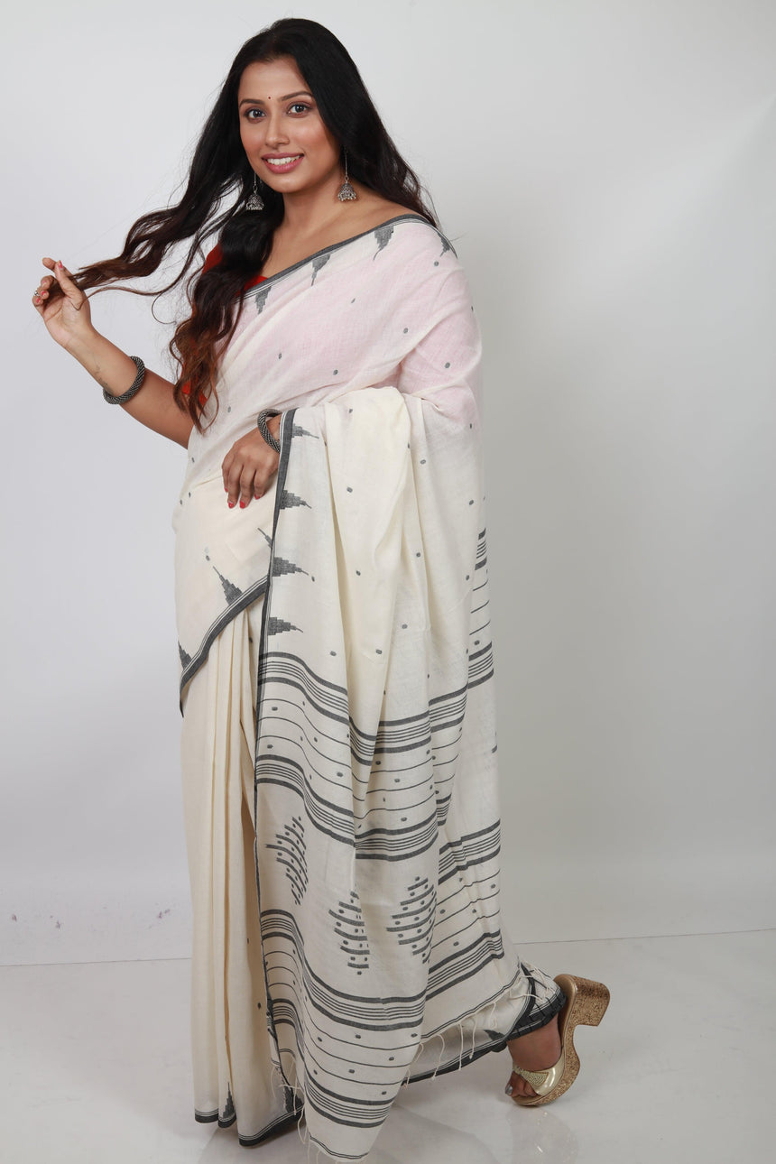 Off White with temple border cotton handwoven jamdani saree