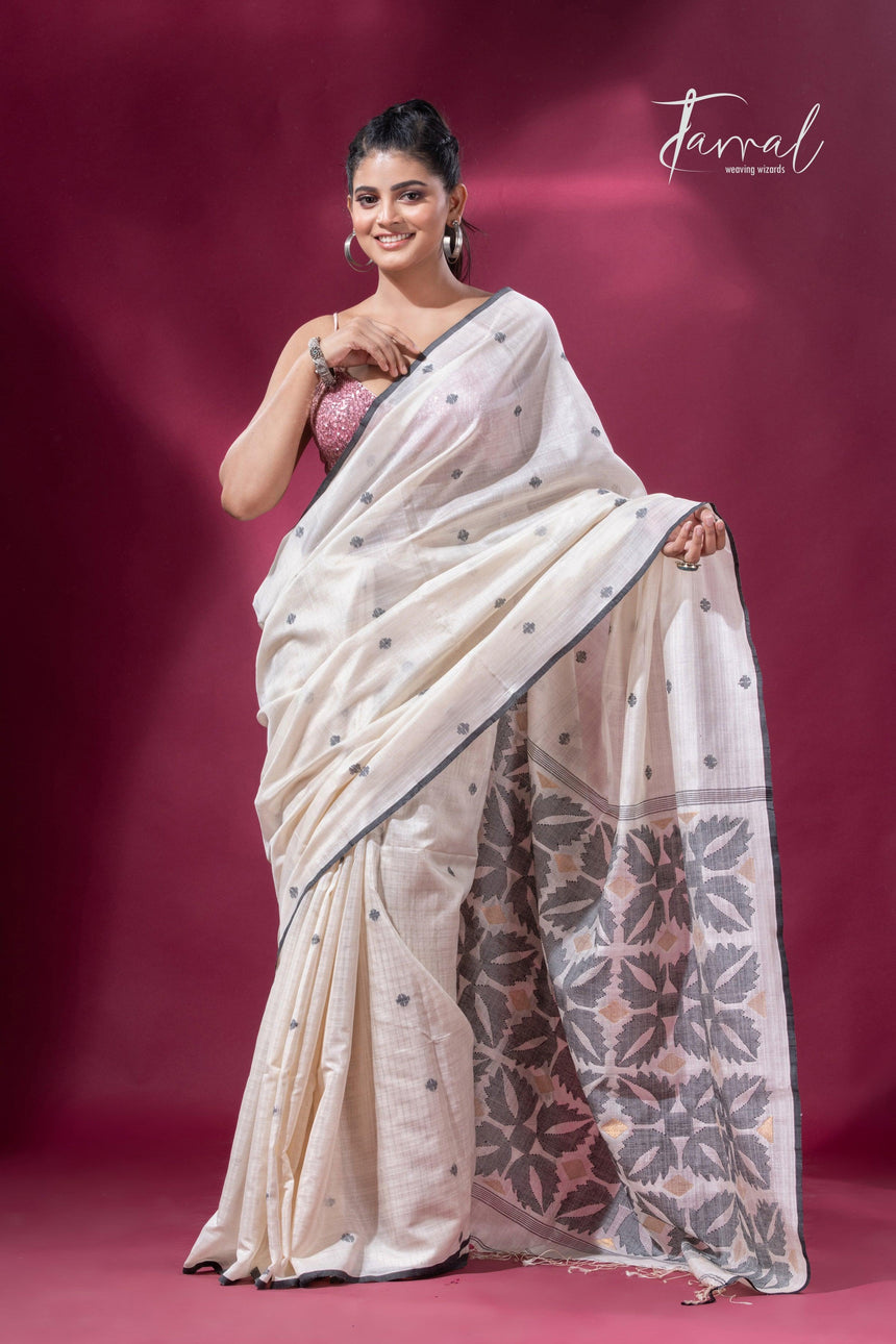 Offwhite with black border pure tusser cotton handwoven jamdani saree - Tamal Boutique