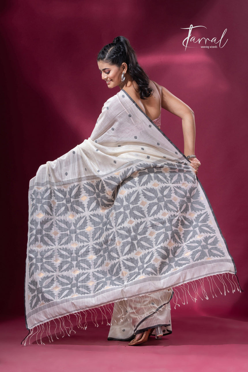 Offwhite with black border pure tusser cotton handwoven jamdani saree - Tamal Boutique