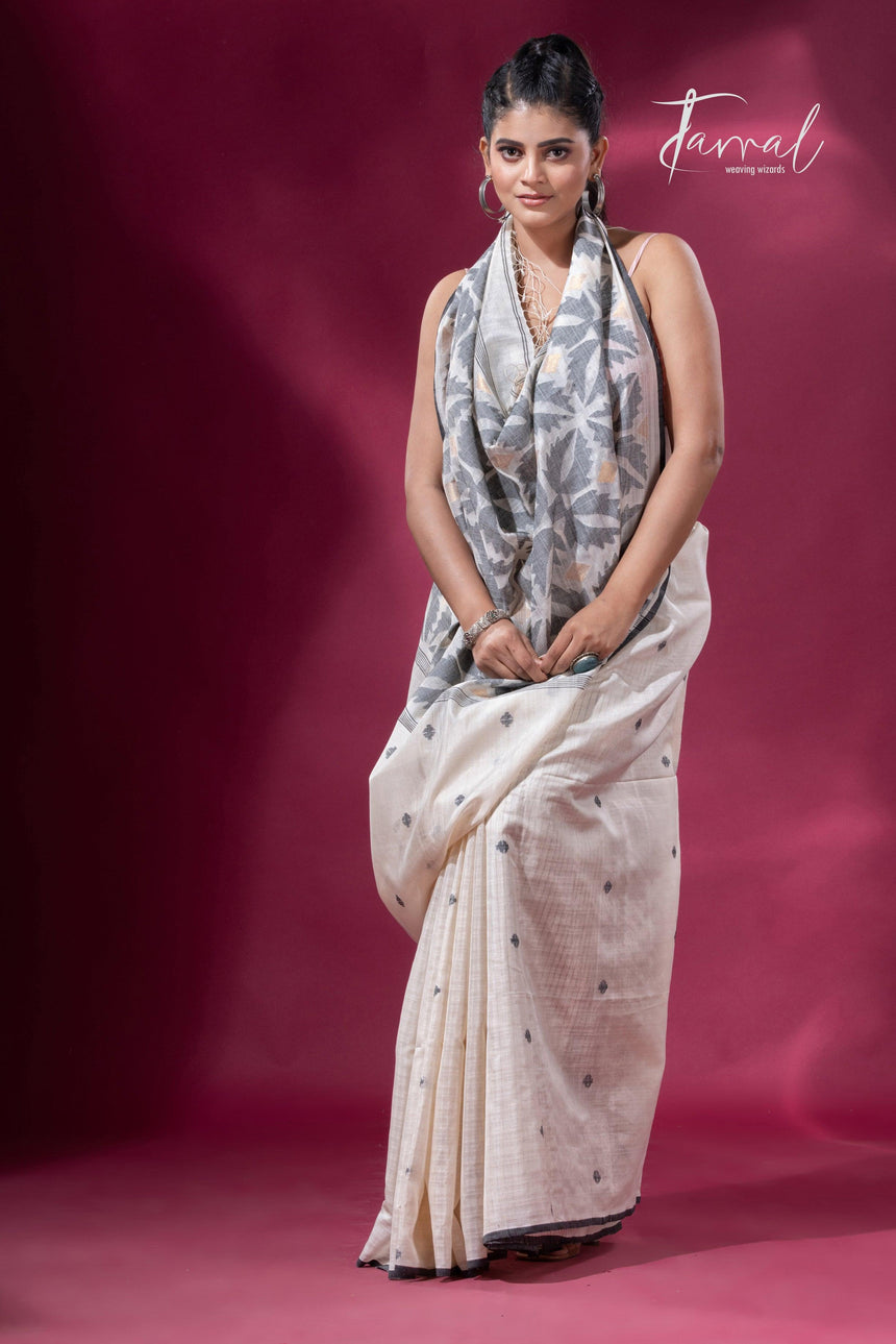 Offwhite with black border pure tusser cotton handwoven jamdani saree - Tamal Boutique