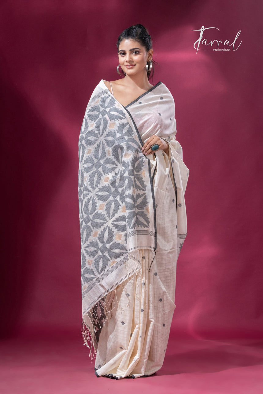 Offwhite with black border pure tusser cotton handwoven jamdani saree - Tamal Boutique