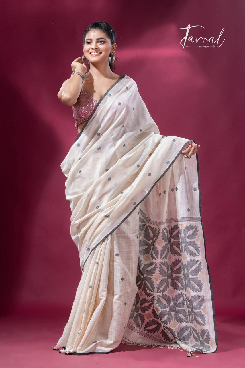 Offwhite with black border pure tusser cotton handwoven jamdani saree - Tamal Boutique