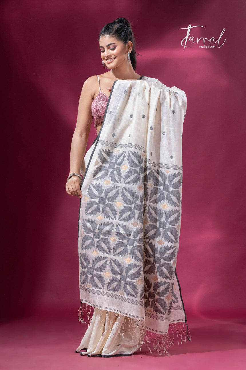 Offwhite with black border pure tusser cotton handwoven jamdani saree - Tamal Boutique