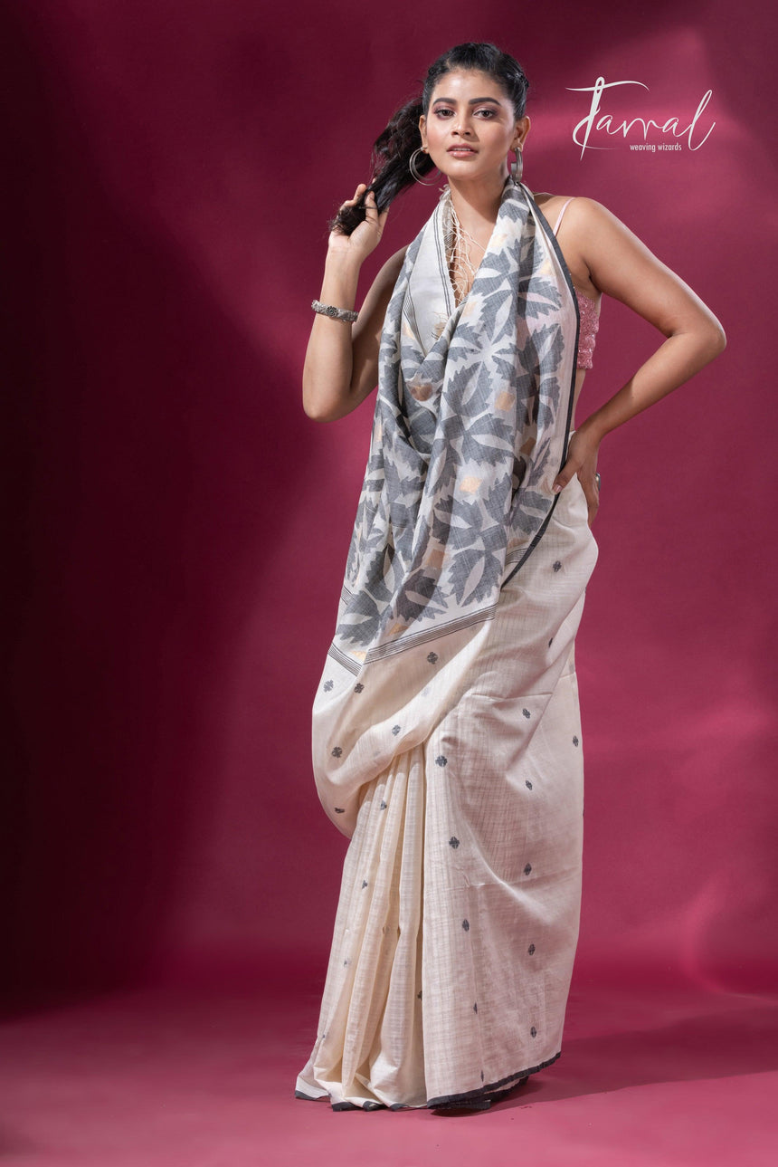 Offwhite with black border pure tusser cotton handwoven jamdani saree - Tamal Boutique