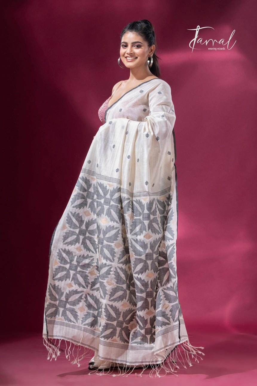 Offwhite with black border pure tusser cotton handwoven jamdani saree - Tamal Boutique