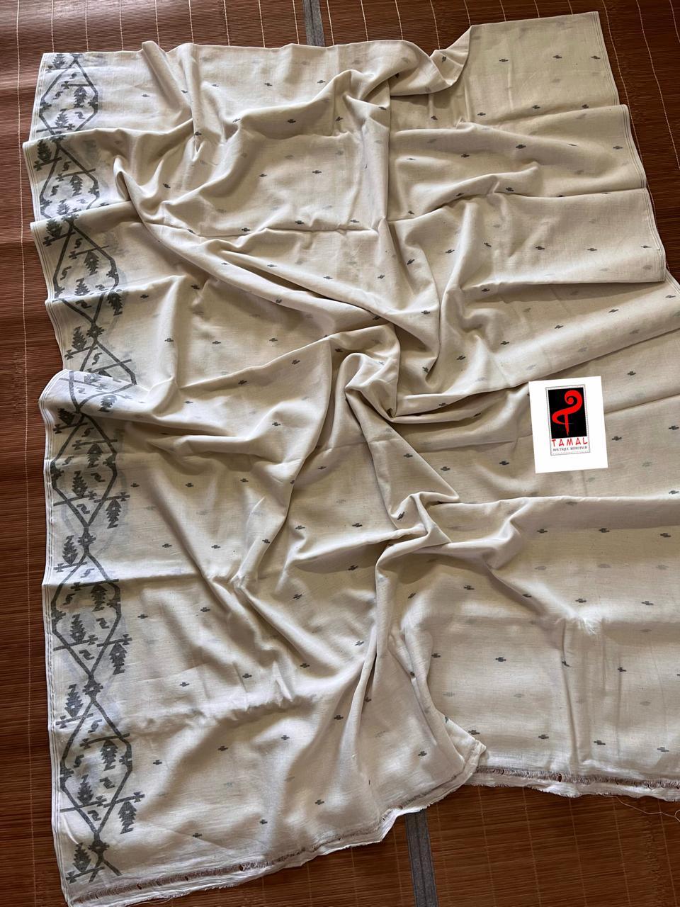 Offwhite whit black cotton handwoven jamdani fabric - Tamal Boutique