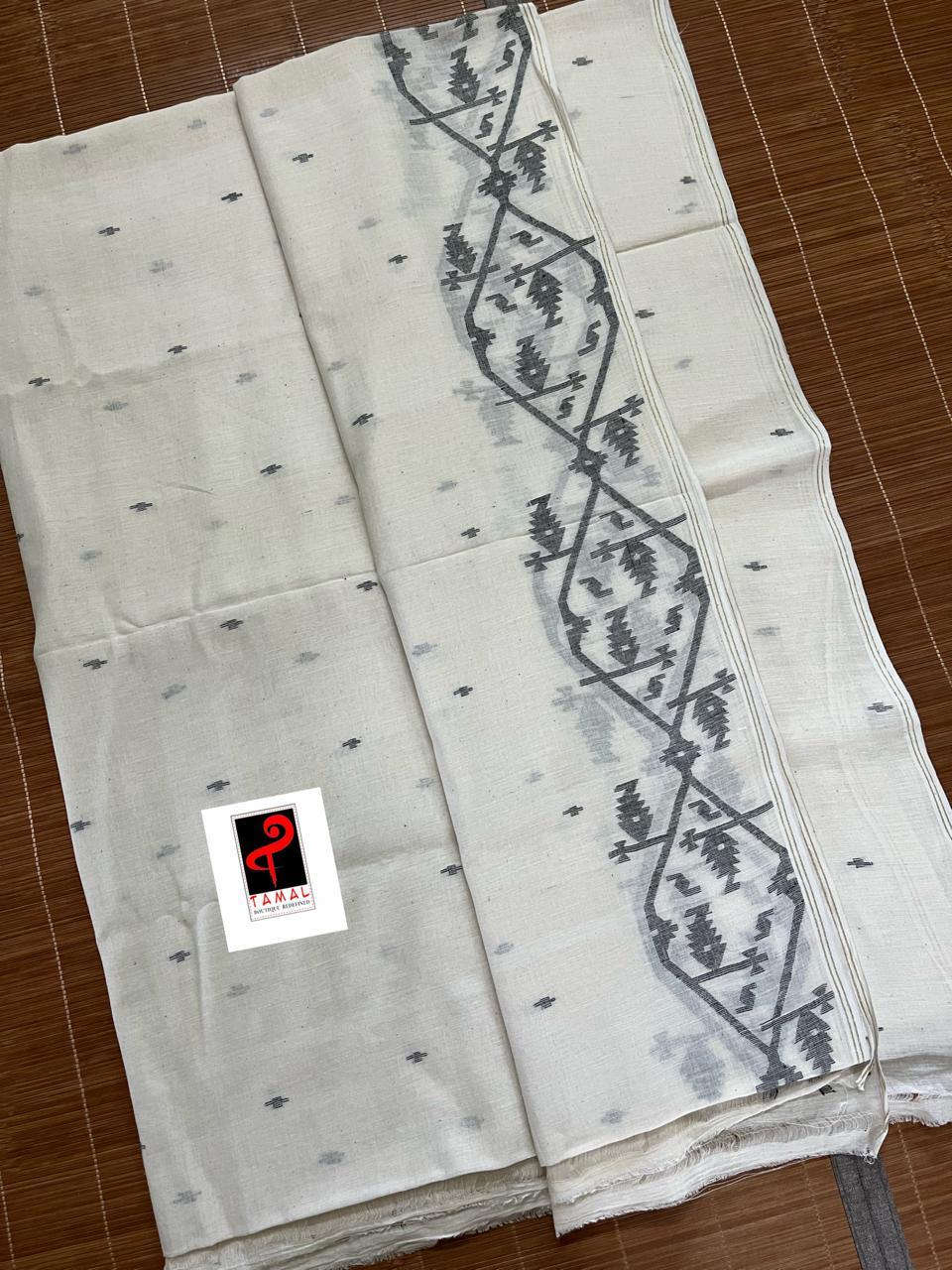 Offwhite whit black cotton handwoven jamdani fabric - Tamal Boutique