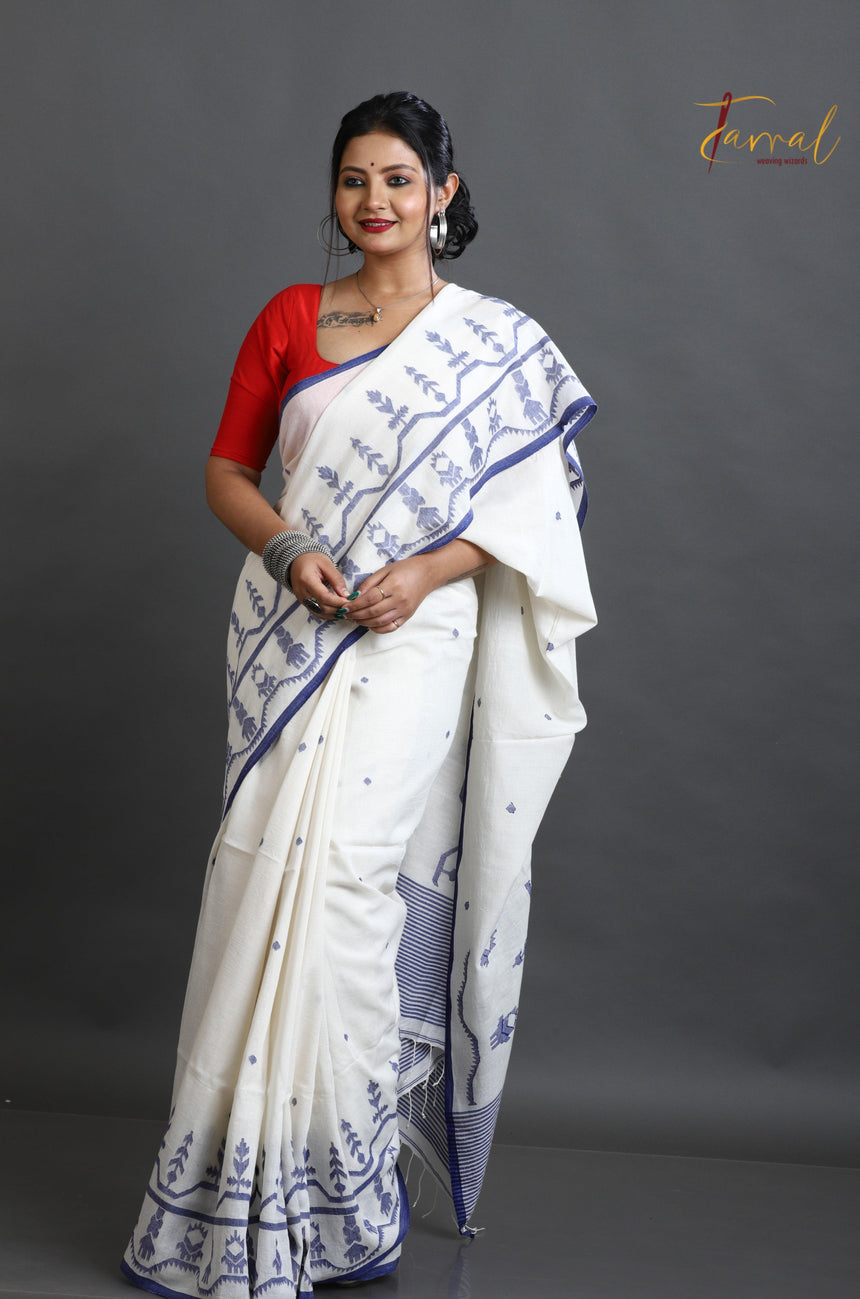 Off white with blue border pure cotton handwoven jamdani saree