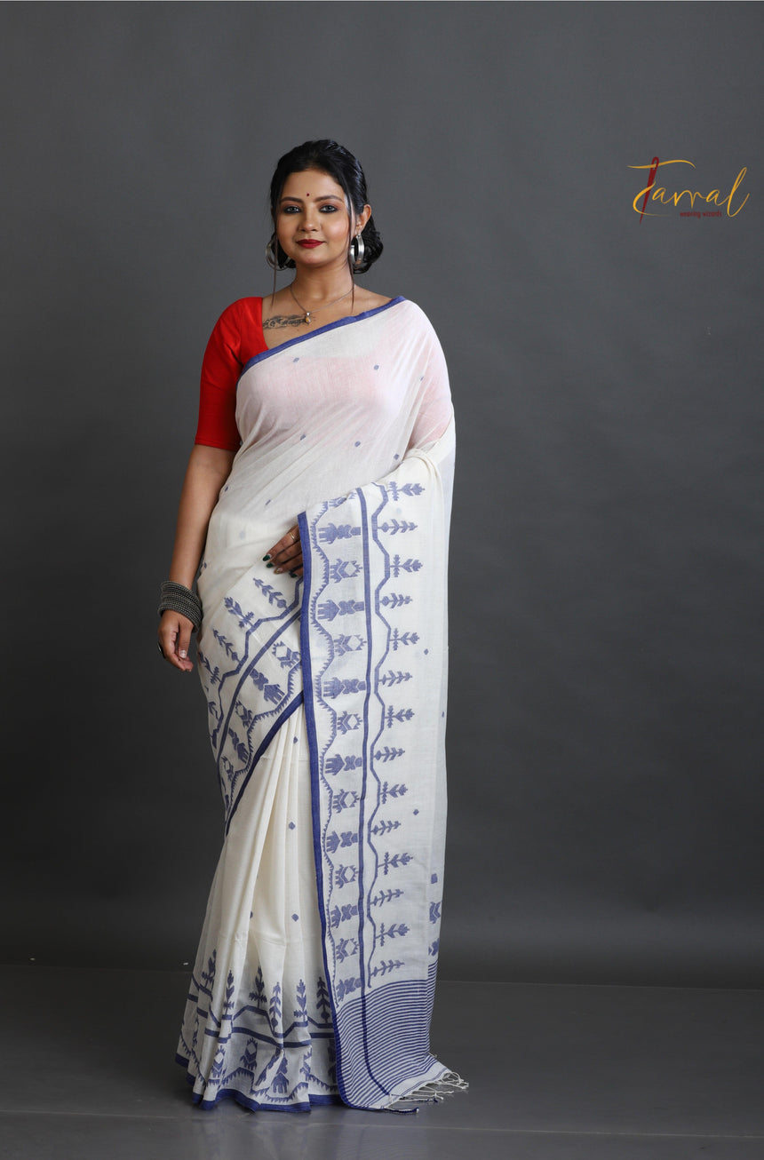 Off white with blue border pure cotton handwoven jamdani saree