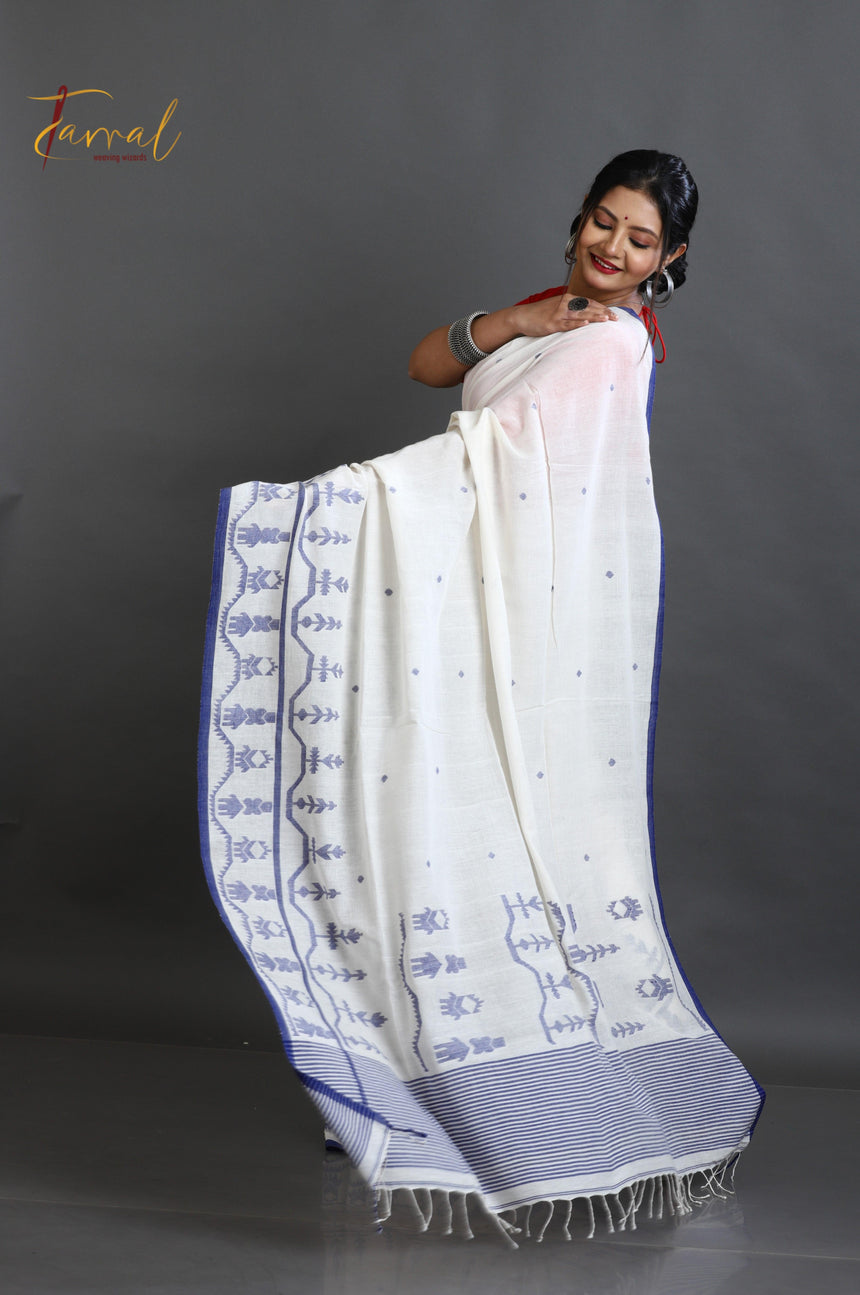 Off white with blue border pure cotton handwoven jamdani saree
