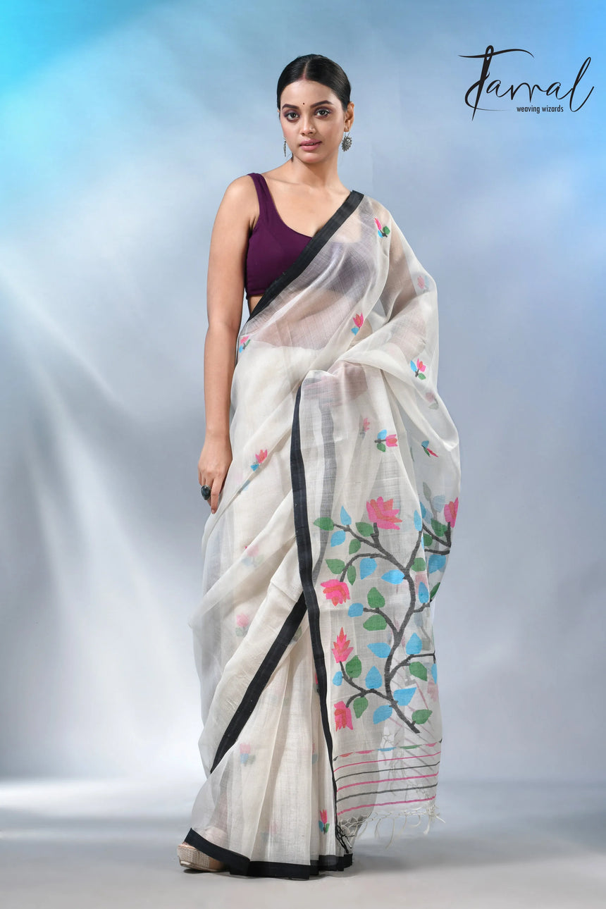 Off white with border muslin floral handwoven jamadani saree
