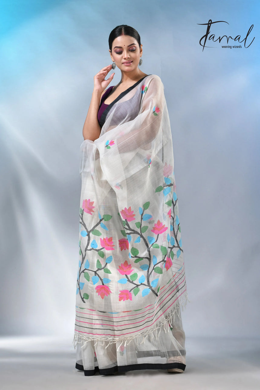 Off white with border muslin floral handwoven jamadani saree