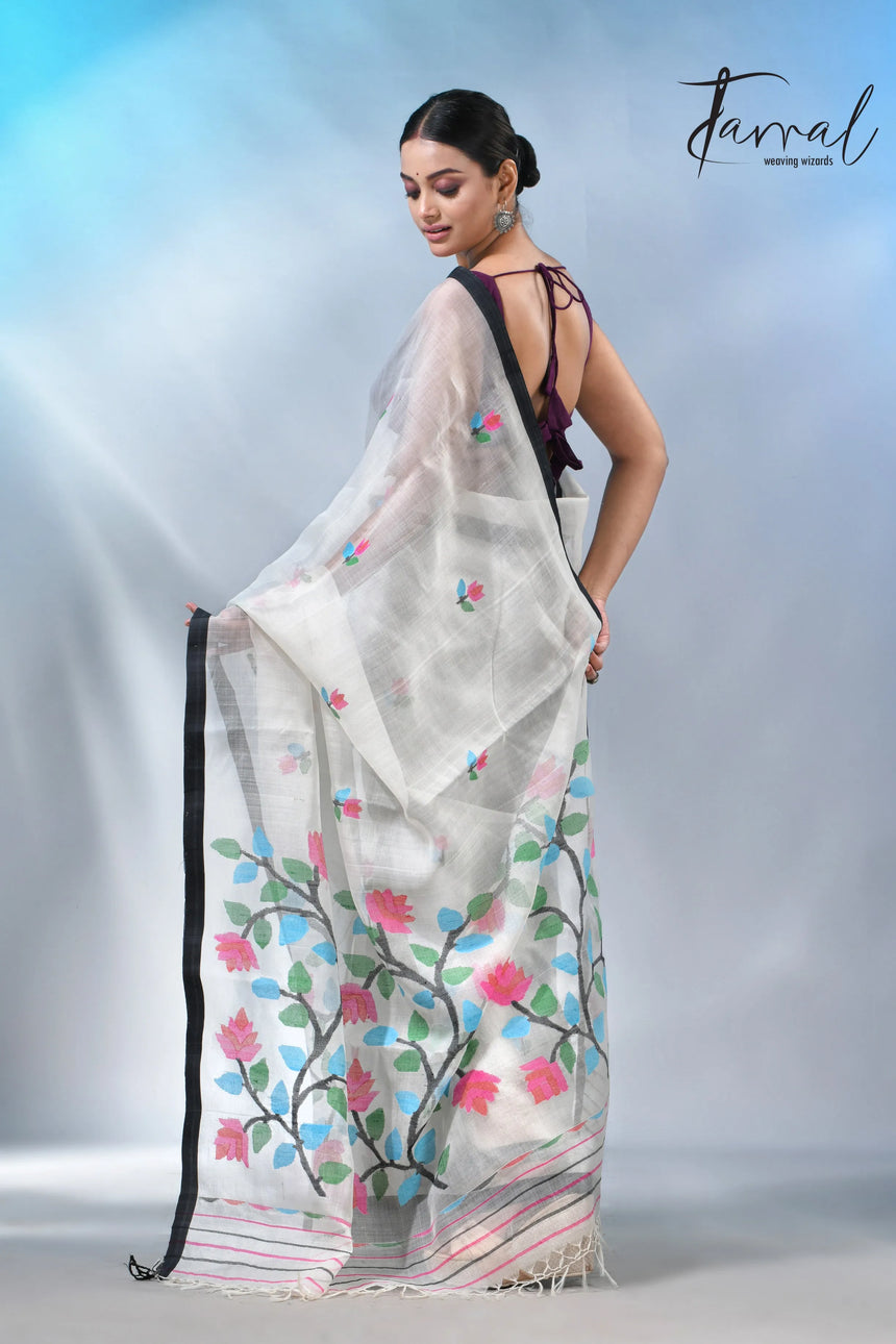 Off white with border muslin floral handwoven jamadani saree