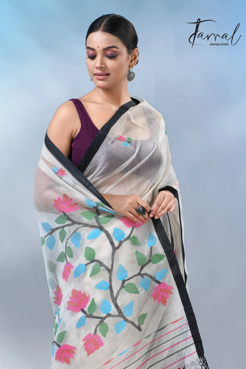 Off white with border muslin floral handwoven jamadani saree