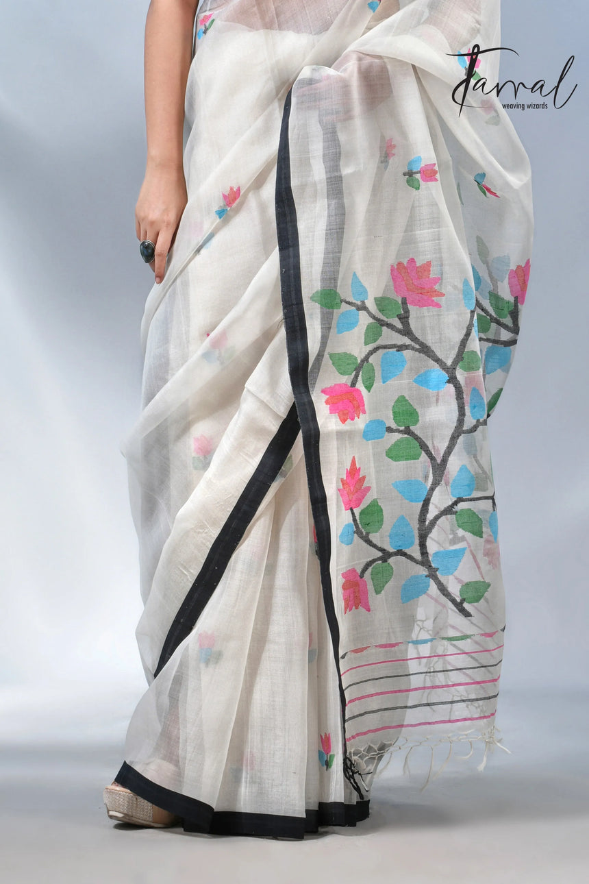 Off white with border muslin floral handwoven jamadani saree