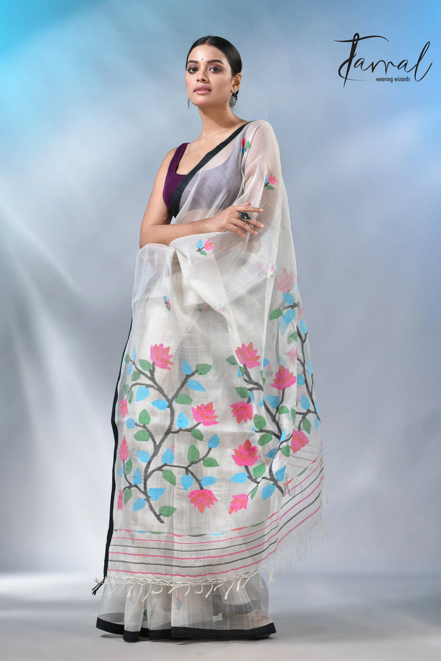 Off white with border muslin floral handwoven jamadani saree