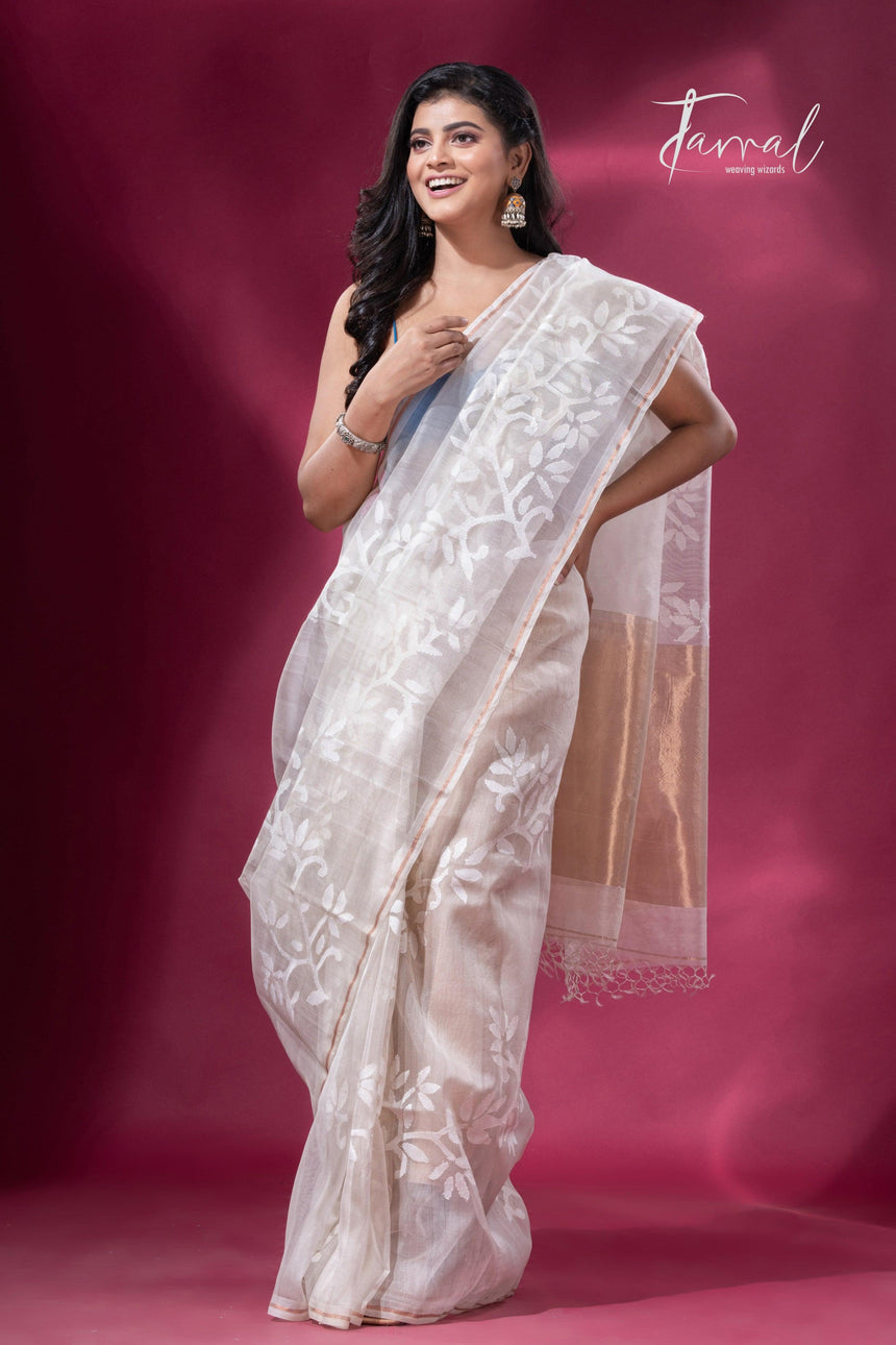 Off white with floral handwoven jamdani in muslin silk saree full