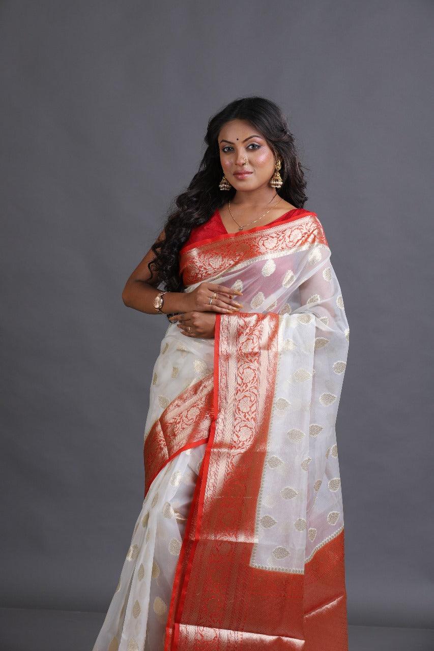 Offwhite with red kora organza silk handloom jamdani saree - Tamal Boutique