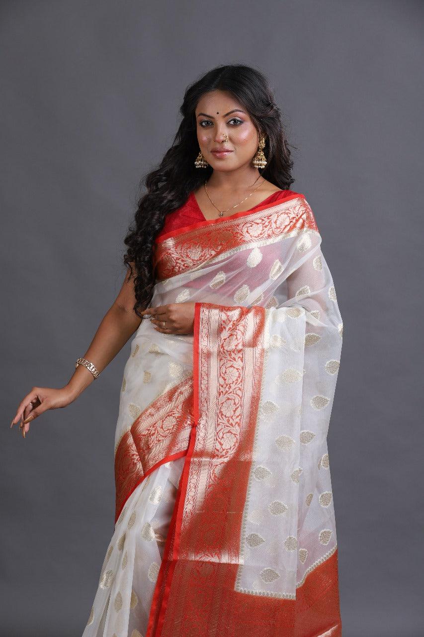 Offwhite with red kora organza silk handloom jamdani saree - Tamal Boutique
