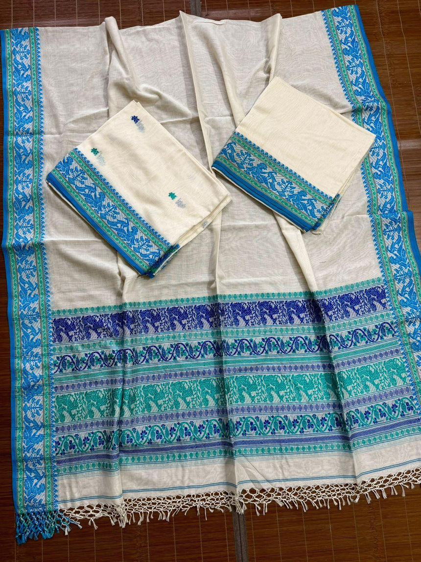 Offwhite white blue & teal blue cotton baluchari three piece set - Tamal Boutique