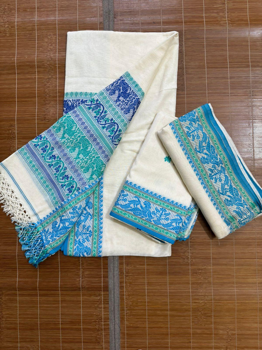 Offwhite white blue & teal blue cotton baluchari three piece set - Tamal Boutique