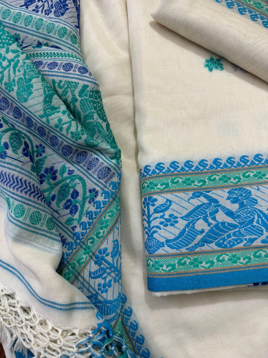Offwhite white blue & teal blue cotton baluchari three piece set - Tamal Boutique