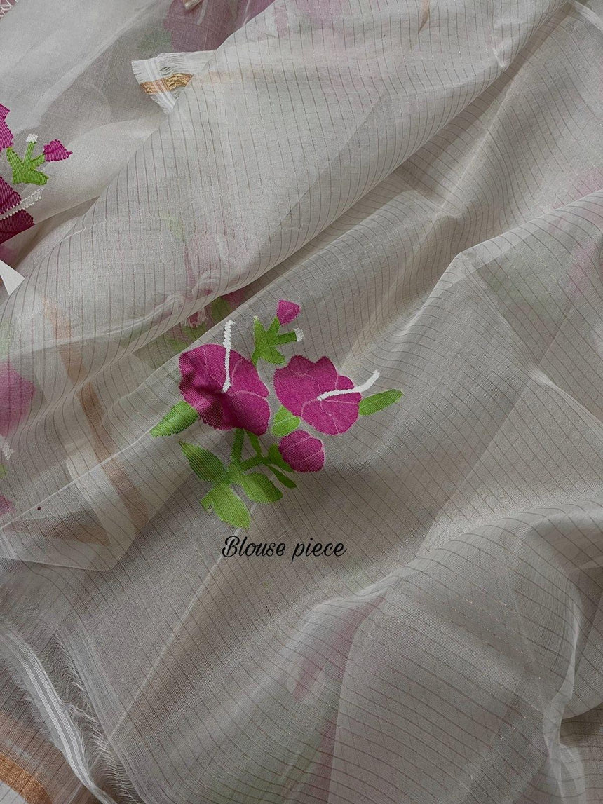 Offwhite with red & pink Hibiscus motifs handwoven Muslin silk jamdani saree - Tamal Boutique