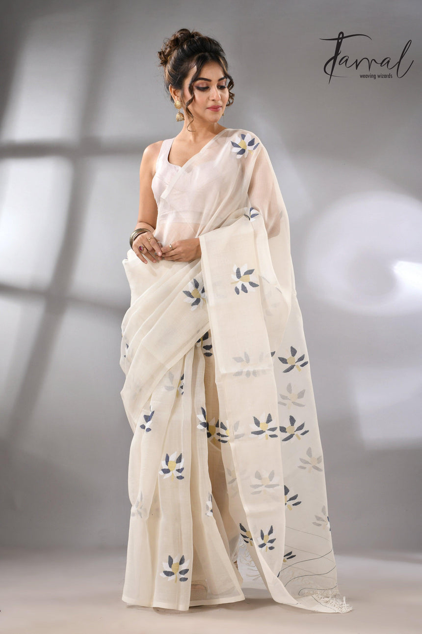 Offwhite Motifs Muslin Silk Jamdani Saree featuring Lotus