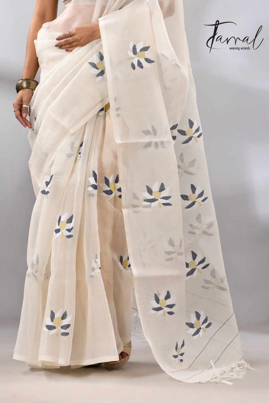 Offwhite Motifs Muslin Silk Jamdani Saree featuring Lotus bottom