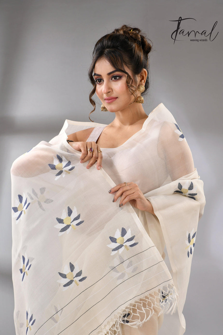 Offwhite Motifs Muslin Silk Jamdani Saree featuring Lotus cls