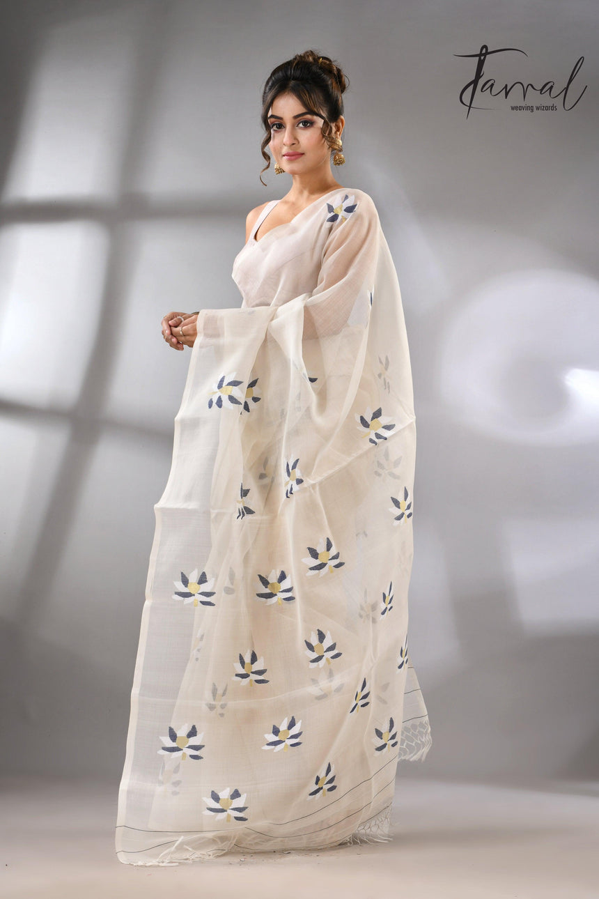 Offwhite Motifs Muslin Silk Jamdani Saree featuring Lotus full