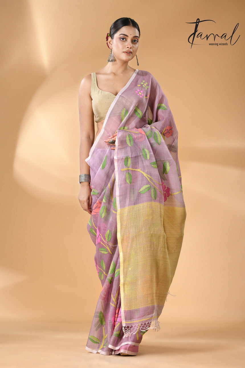 Offwhite Muslin Silk Handwoven Needle Work Jamdani Saree
