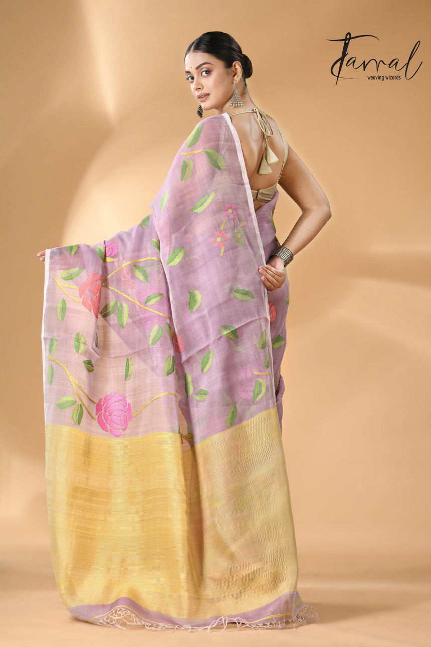 Offwhite Muslin Silk Handwoven Needle Work Jamdani Saree back