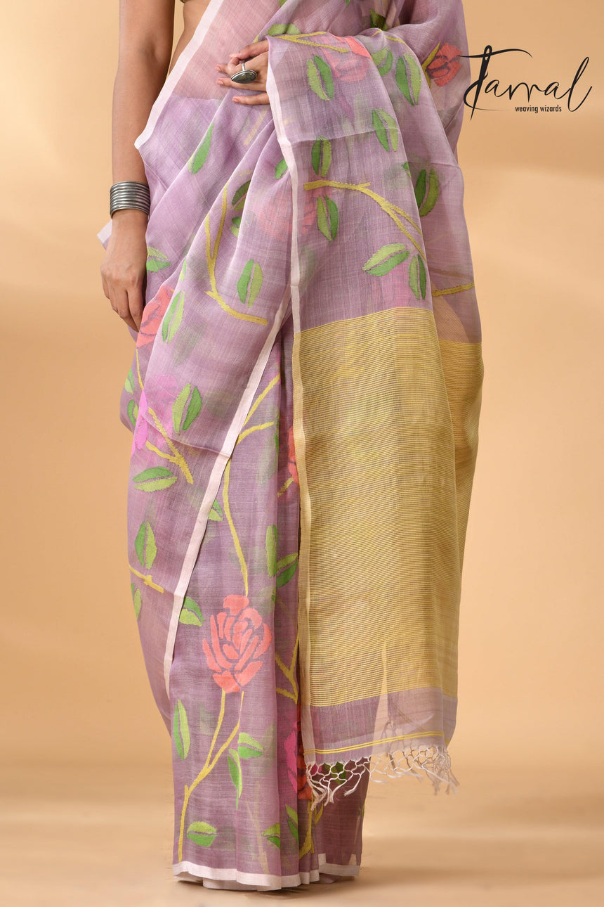 Offwhite Muslin Silk Handwoven Needle Work Jamdani Saree bottom