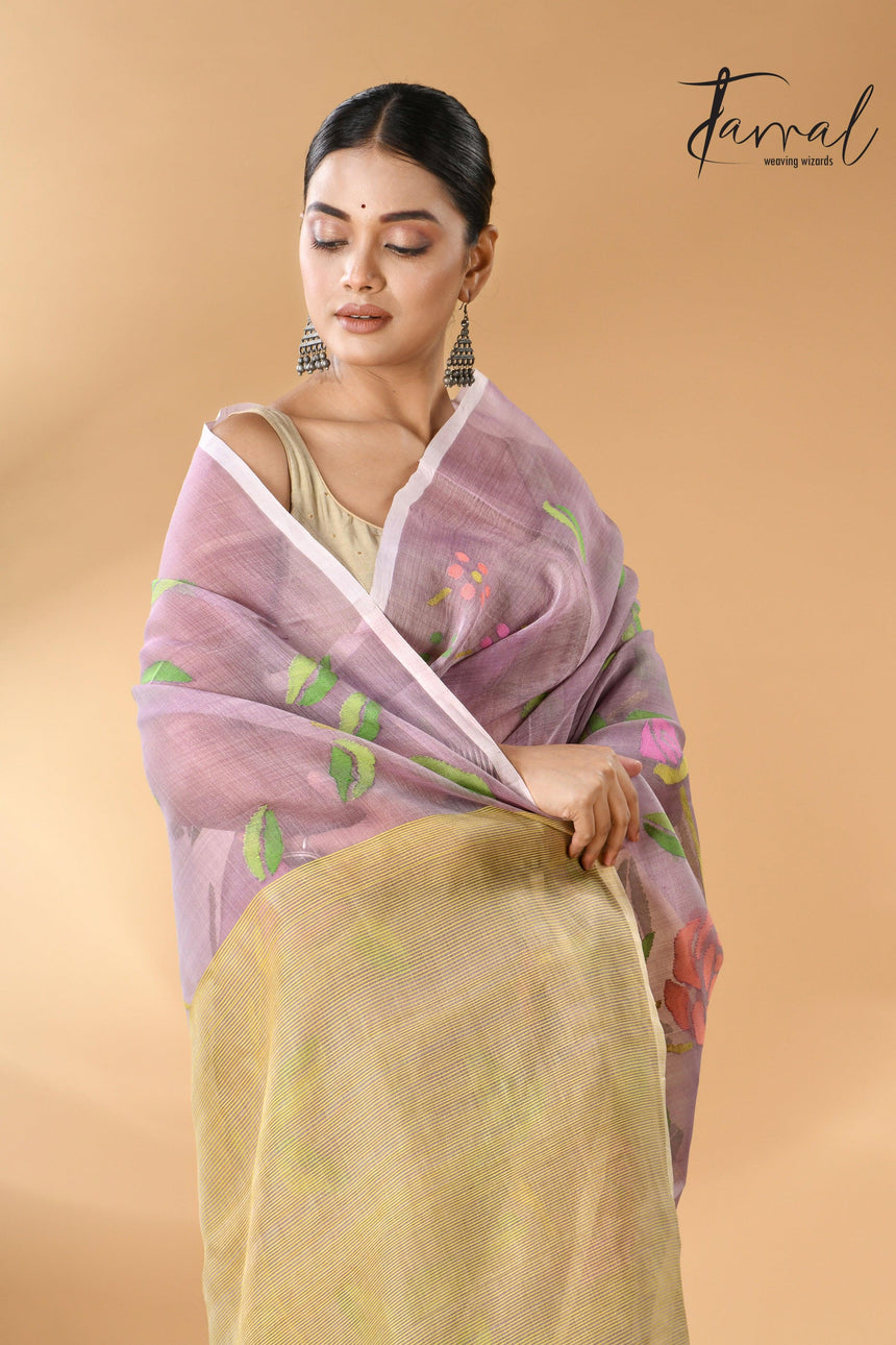 Offwhite Muslin Silk Handwoven Needle Work Jamdani Saree cls