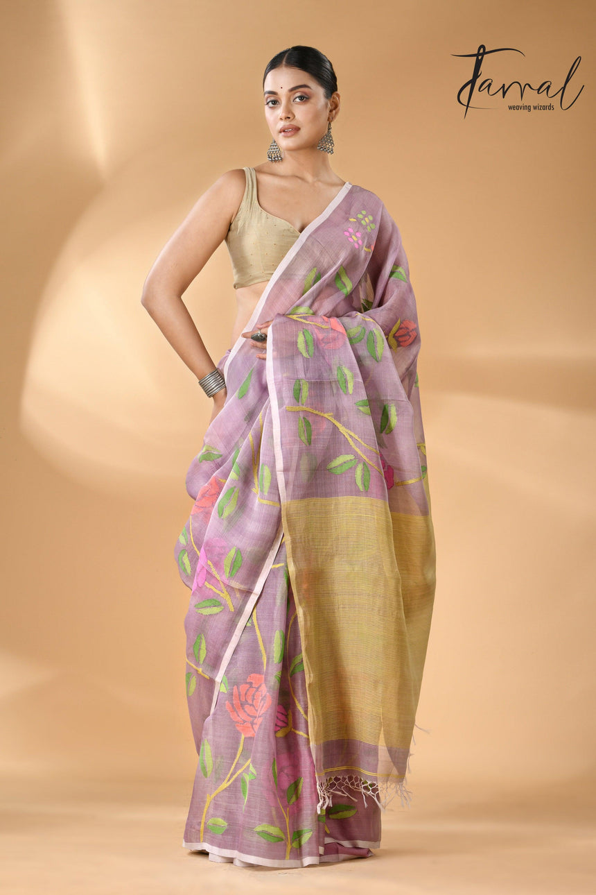 Offwhite Muslin Silk Handwoven Needle Work Jamdani Saree full
