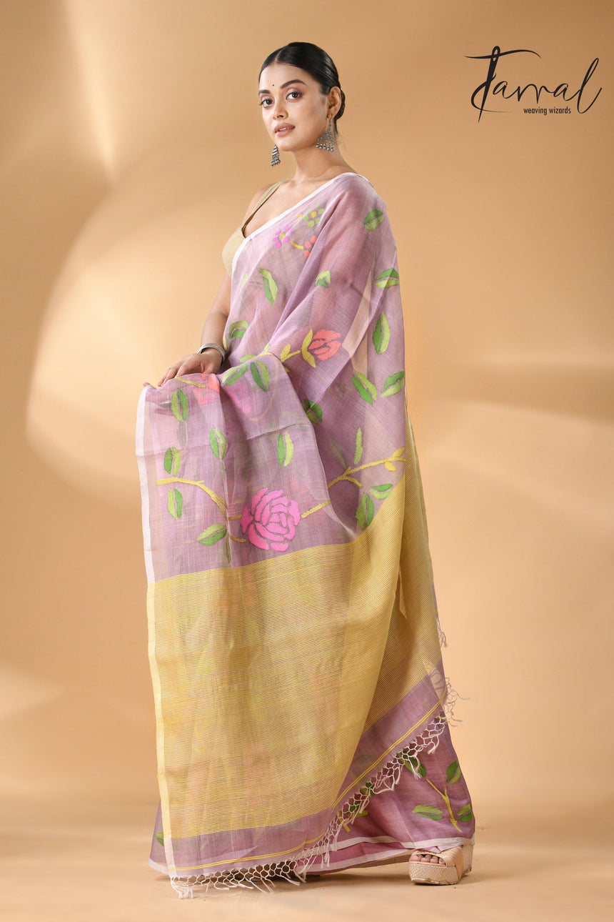 Offwhite Muslin Silk Handwoven Needle Work Jamdani Saree lft2