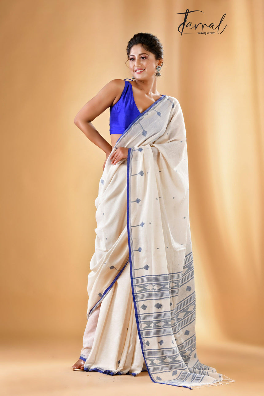 Offwhite With The Blue Border Cotton Handwoven Jamdani Saree