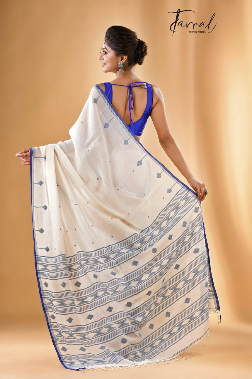 Offwhite With The Blue Border Cotton Handwoven Jamdani Saree