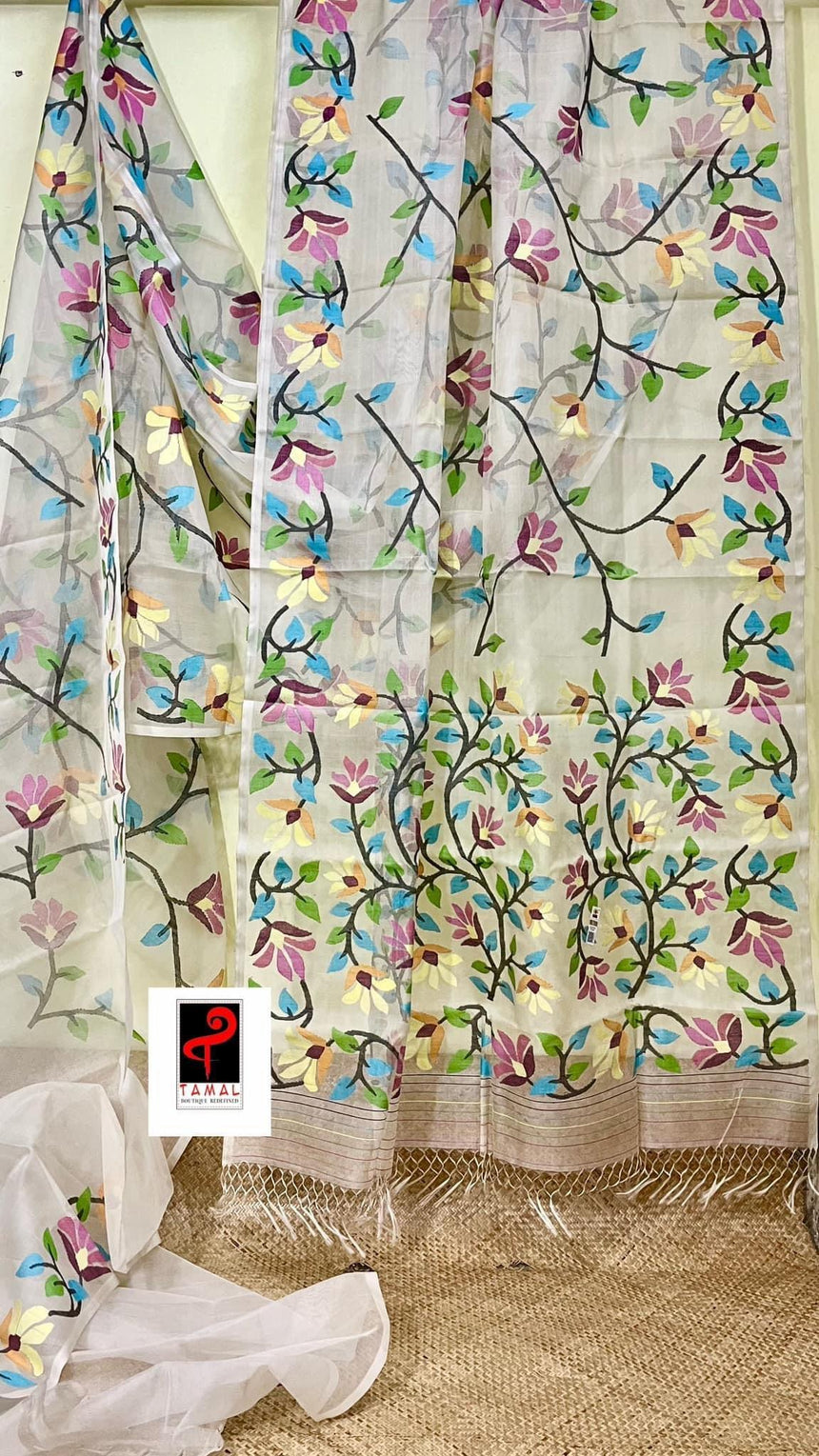 Offwhite with multicolour allover floral handwoven jamdani saree in muslin silk - Tamal Boutique