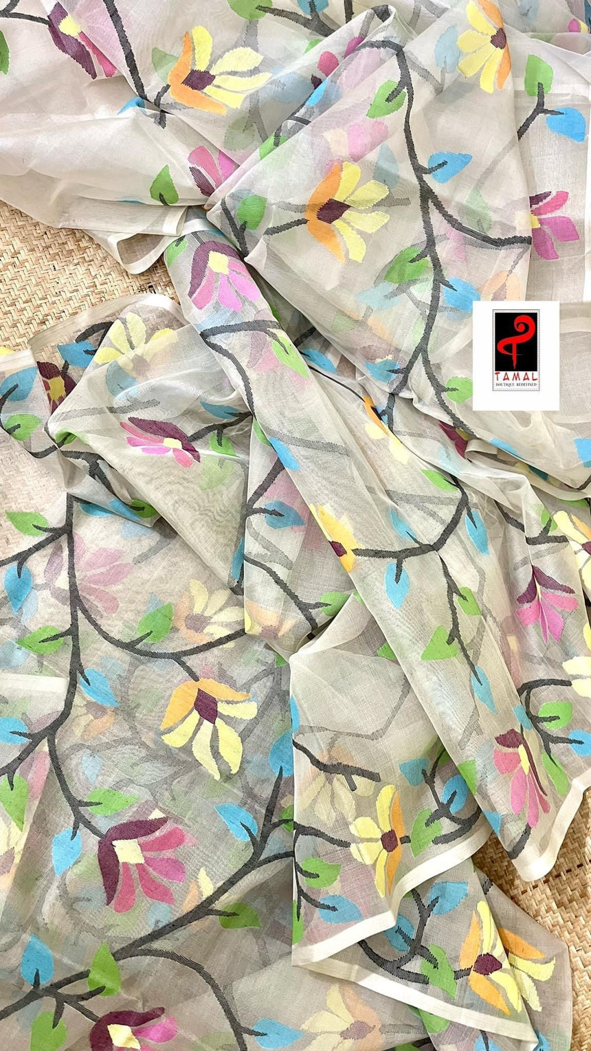 Offwhite with multicolour allover floral handwoven jamdani saree in muslin silk - Tamal Boutique