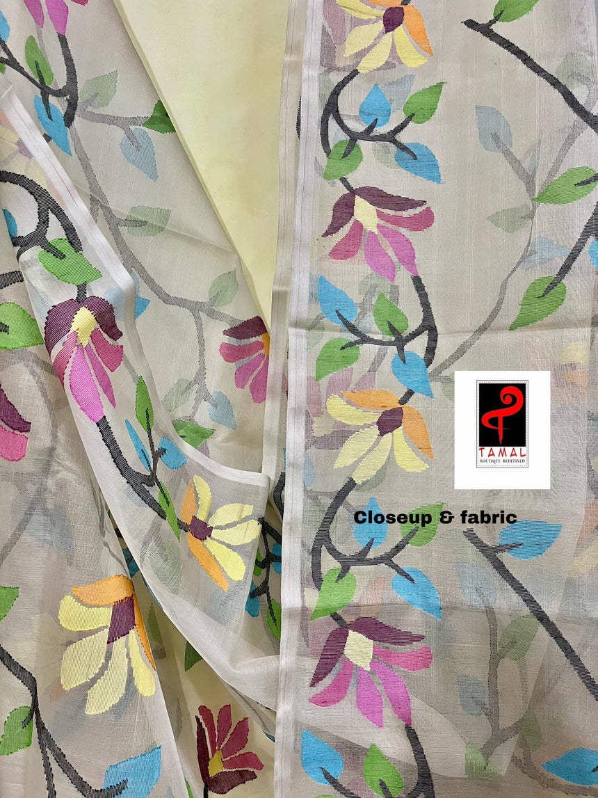 Offwhite with multicolour allover floral handwoven jamdani saree in muslin silk - Tamal Boutique