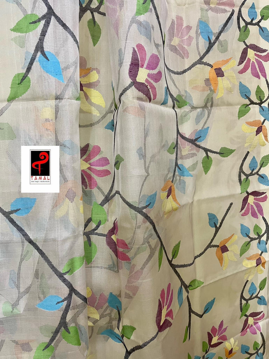 Offwhite with multicolour allover floral handwoven jamdani saree in muslin silk - Tamal Boutique