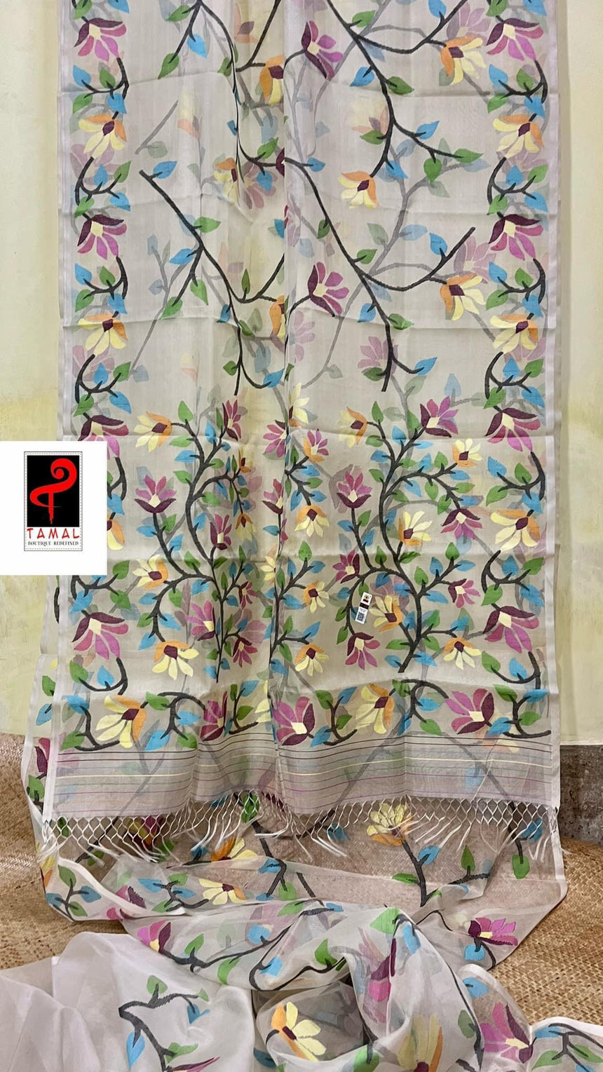 Offwhite with multicolour allover floral handwoven jamdani saree in muslin silk - Tamal Boutique