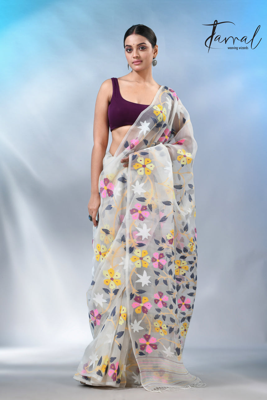 Offwhite allover floral muslin silk handwoven jamdani saree