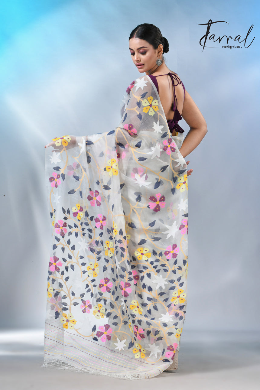 Offwhite allover floral muslin silk handwoven jamdani saree